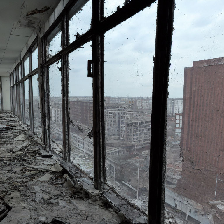 Derelict interior of abandoned building with urban decay and debris.