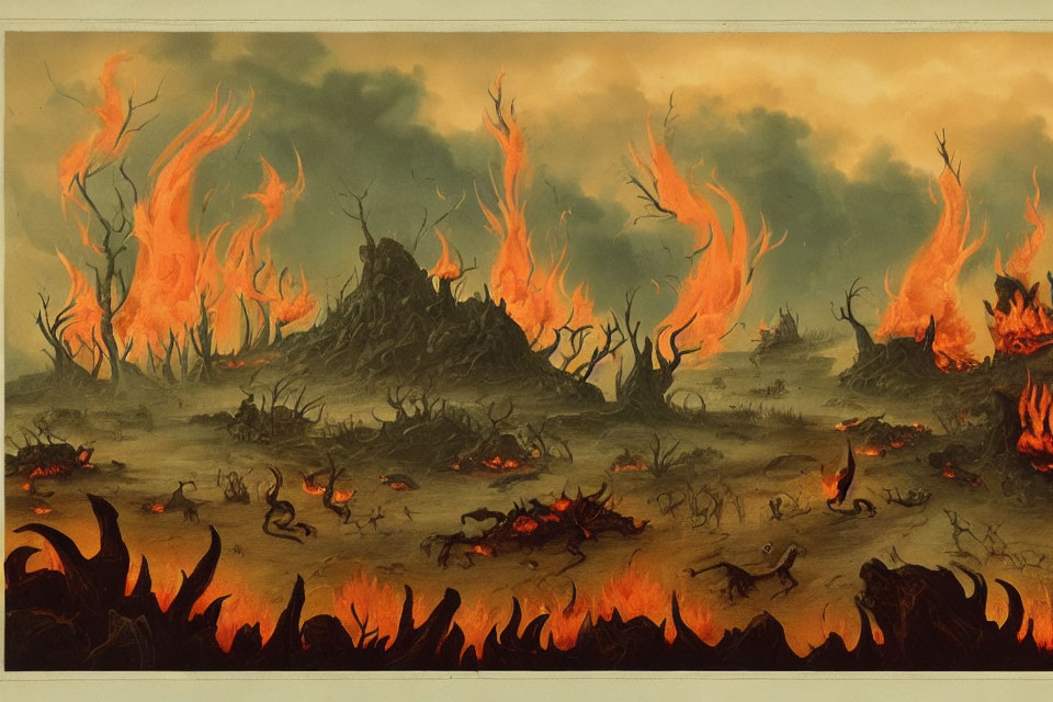 Detailed illustration of fiery landscape with blazing trees in dystopian terrain