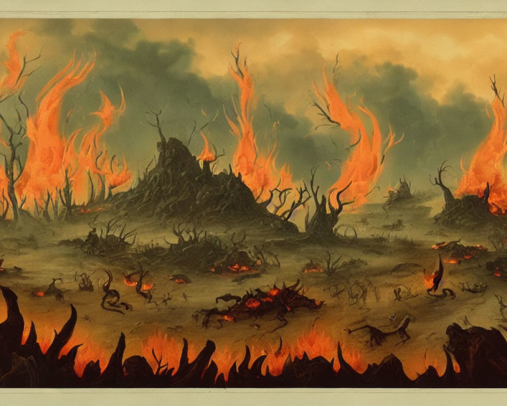 Detailed illustration of fiery landscape with blazing trees in dystopian terrain