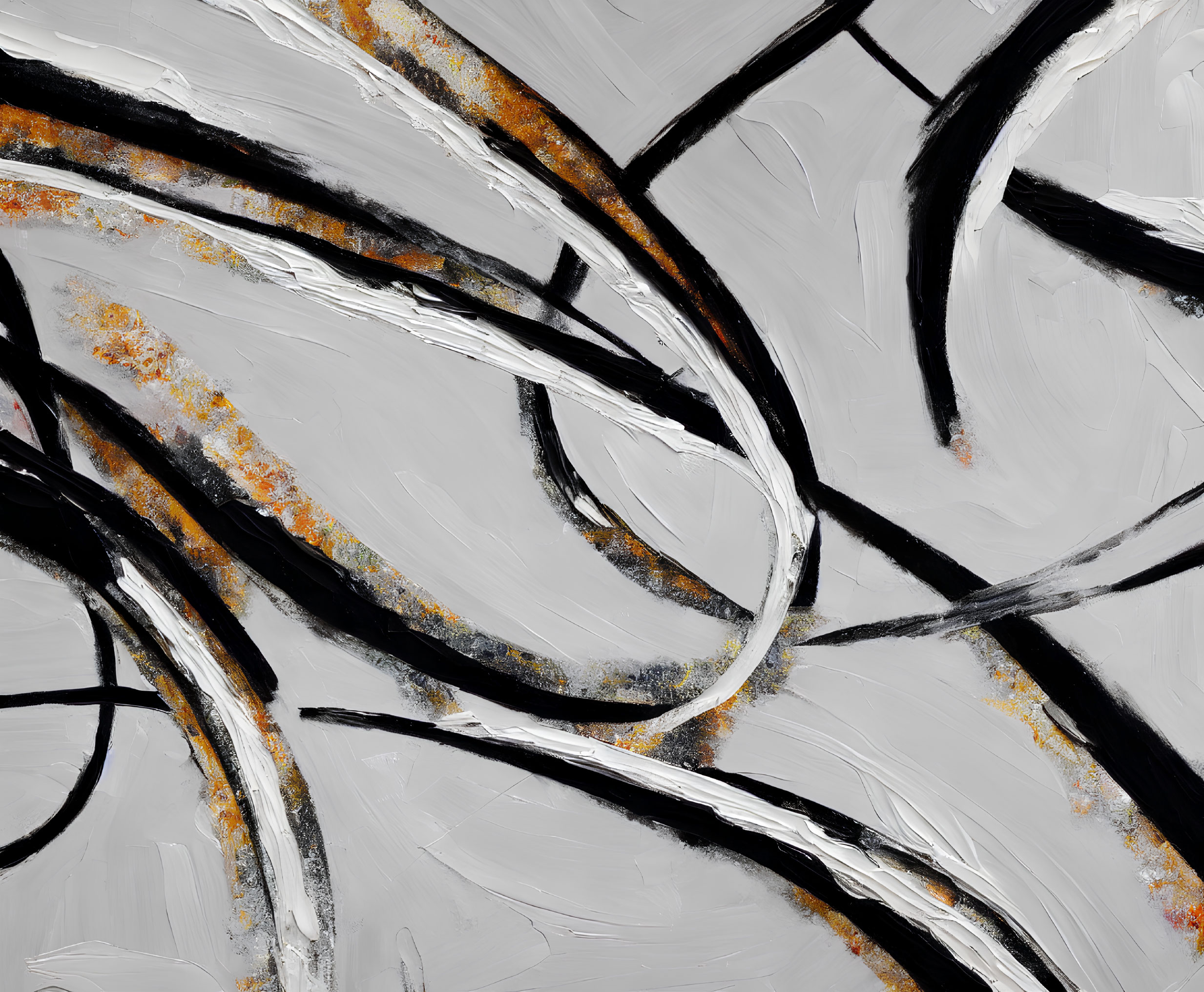 Monochrome abstract painting with gold and rust textures