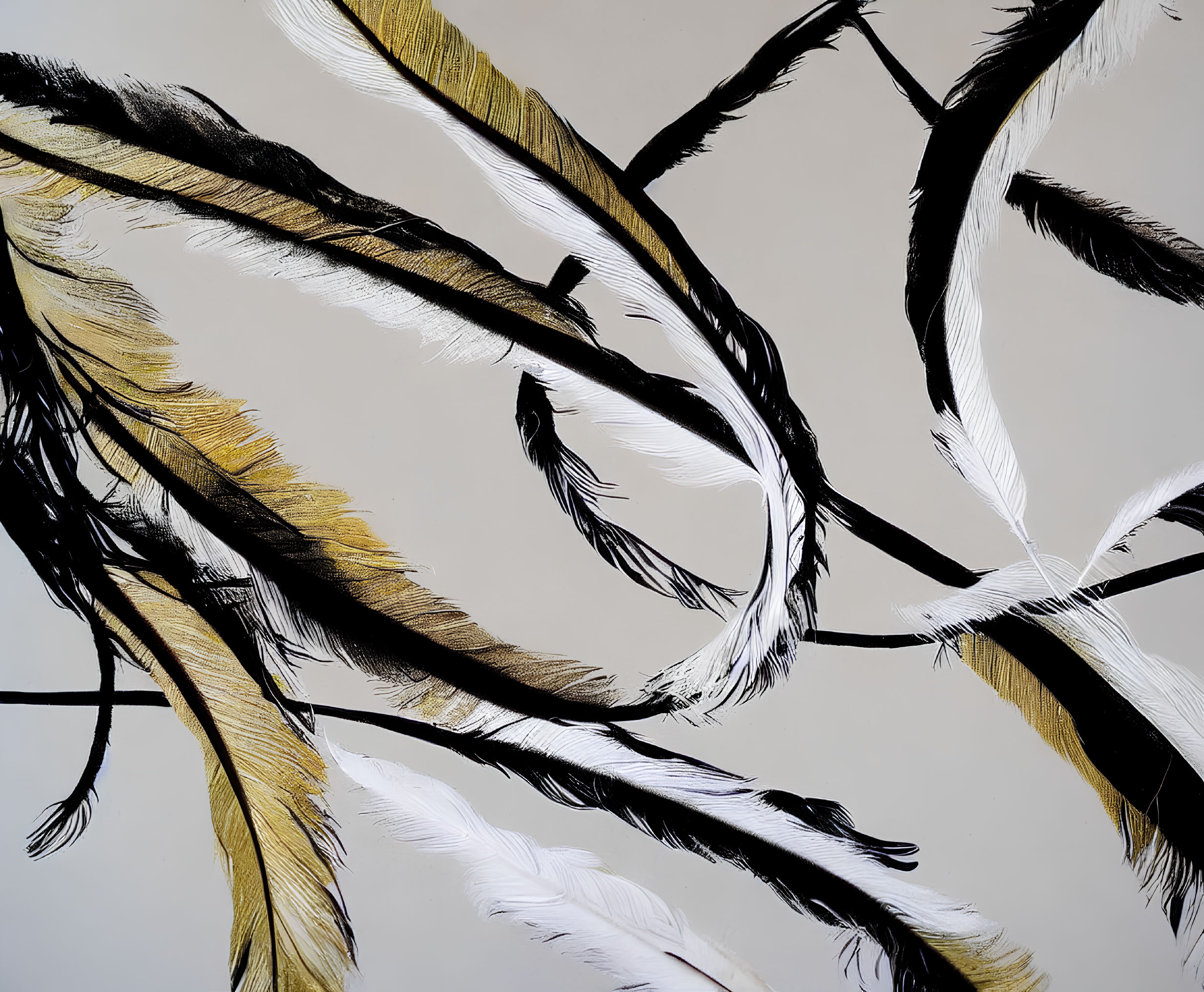 Detailed Black Branches & White Gold Feathers on Light Background