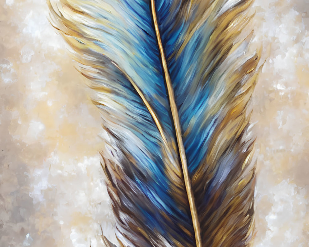 Feather Artwork: Golden, Brown, and Blue Colors on Beige Background