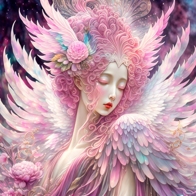 Ethereal creature with pink and white feathered wings in cosmic setting