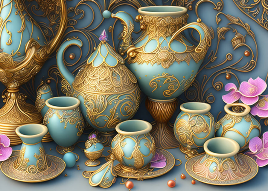 Ornate Turquoise Pottery with Gold Accents and Floral Designs