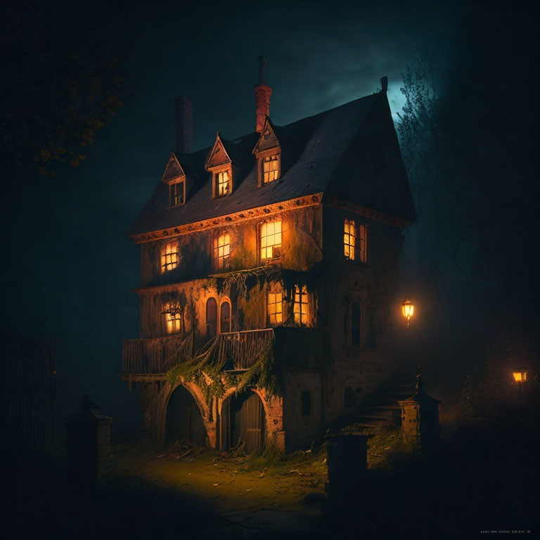 Eerie mansion at night with glowing windows