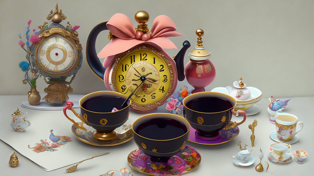 Luxurious Tea Party Atmosphere with Ornate Tea Set & Vintage Clock