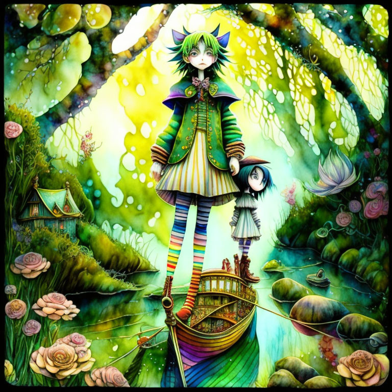 Vibrant anime-style characters in whimsical water garden