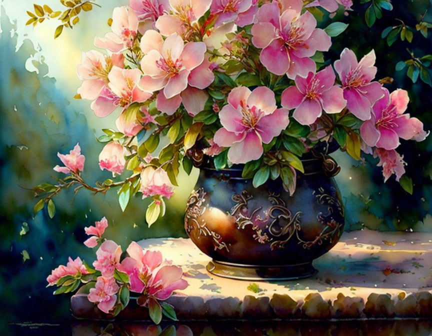 Pink Flowers in Blue Vase with Scattered Petals