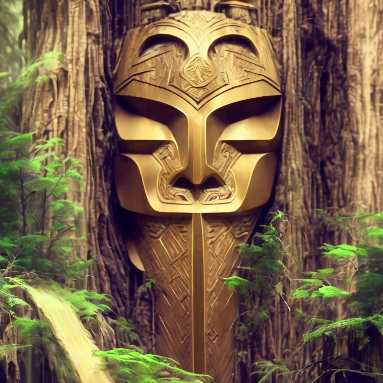 Golden tribal mask in misty forest with lush green foliage