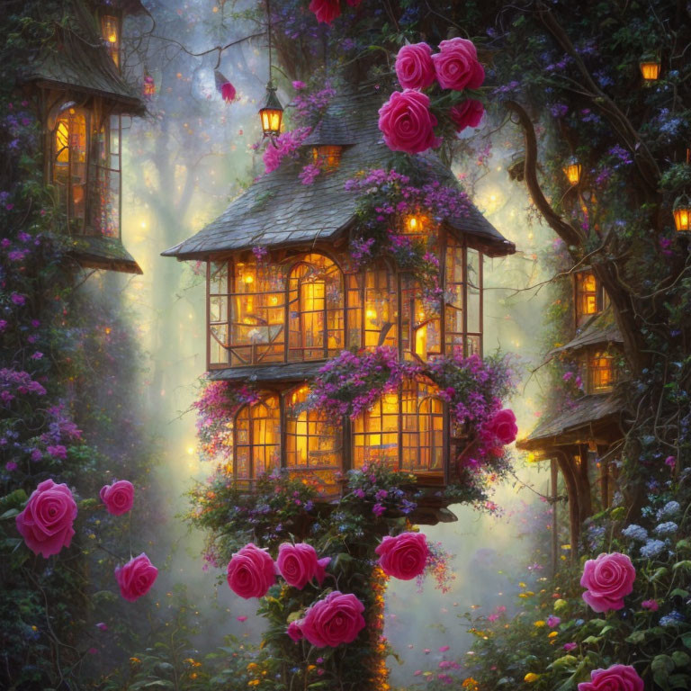 Mystical forest treehouses among blooming flowers