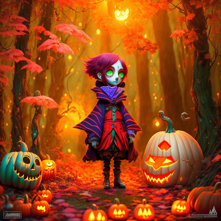 Character with Purple Hair and Green Skin in Autumn Forest with Jack-o'-lanterns