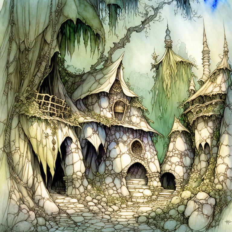 Whimsical fantasy forest with moss-covered trees and stone towers.