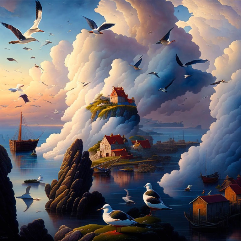 Seaside fantasy landscape with floating island, cliffs, red-roofed house, seagulls,