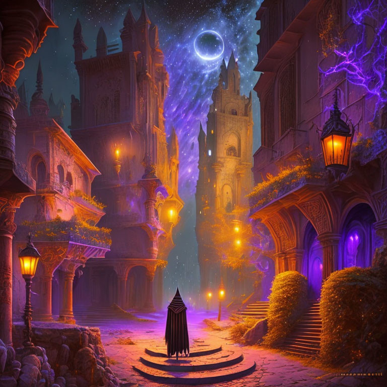 Enchanted purple-lit town with mystical architectures and celestial event