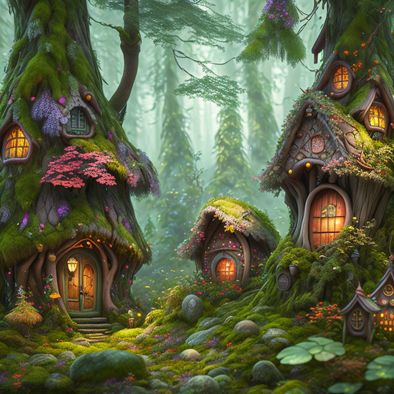 Whimsical treehouses in enchanted forest setting