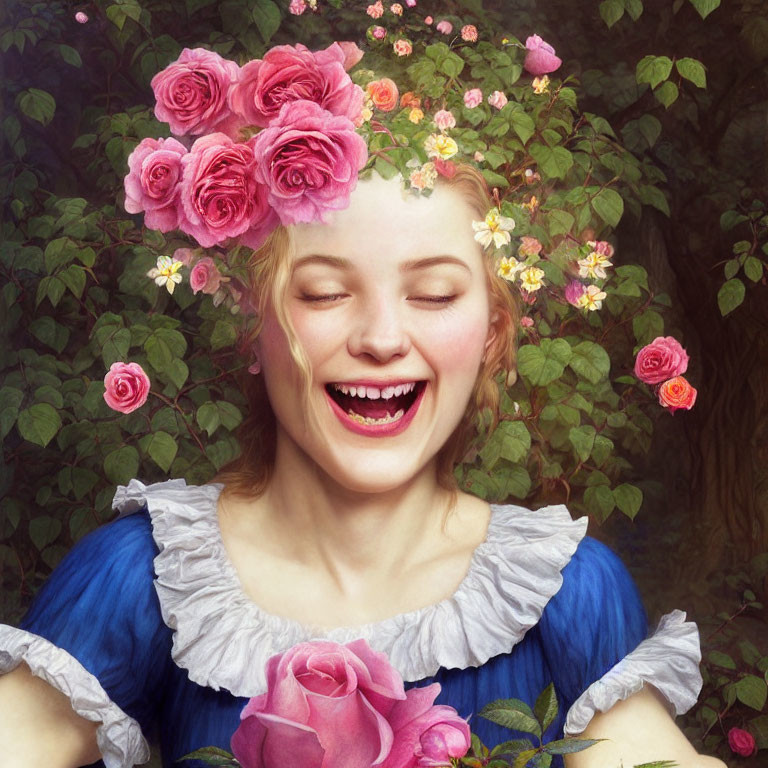 Smiling woman with floral headdress in nature scene