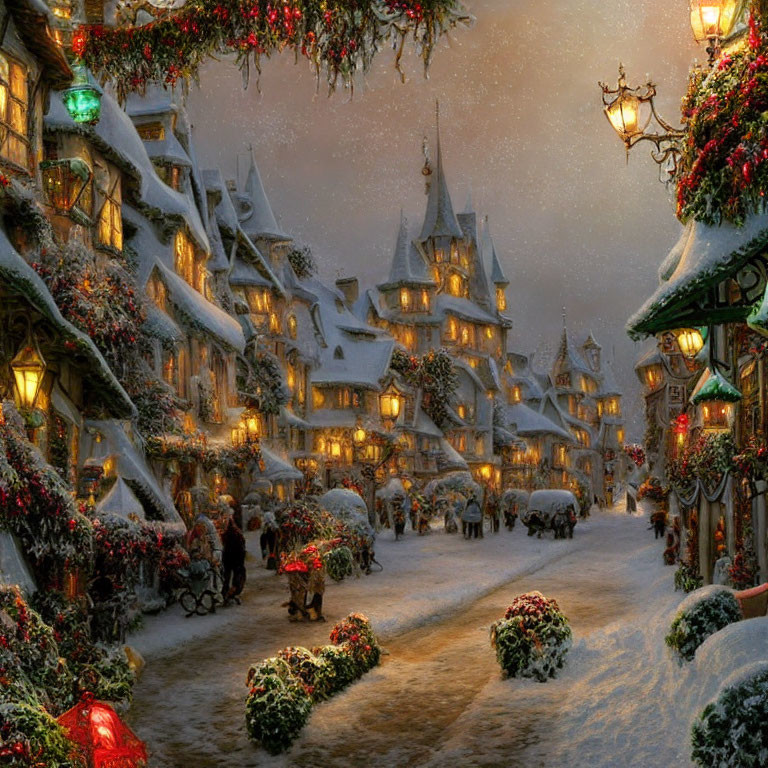 Snow-covered village adorned for Christmas with festive decorations and glowing street lamps.