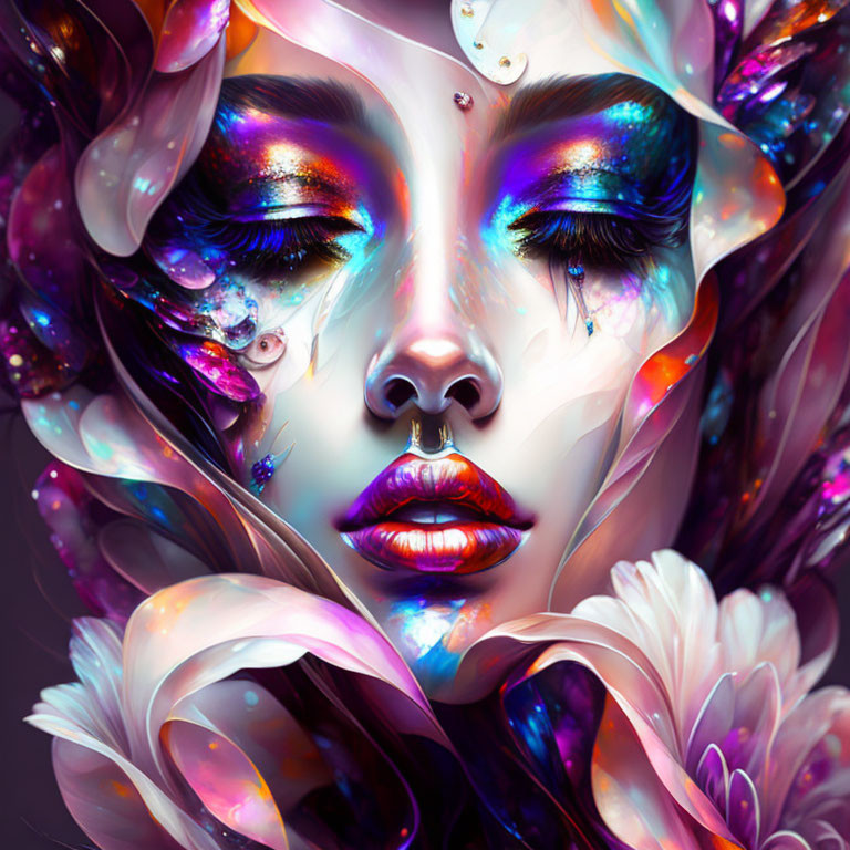 Colorful digital artwork of woman's face with swirling elements and delicate butterflies.