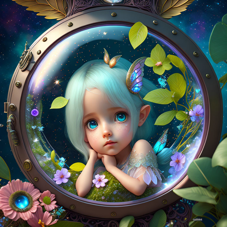 Elf with Blue Hair and Big Eyes in Whimsical Nature Scene