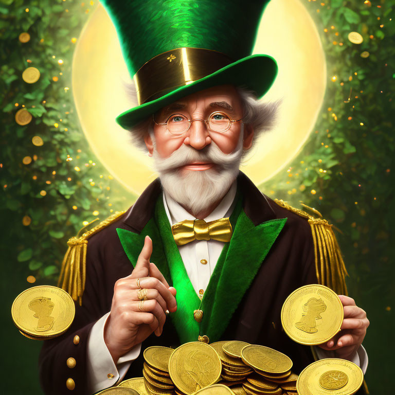 Elderly man in green top hat with coins and magical glow