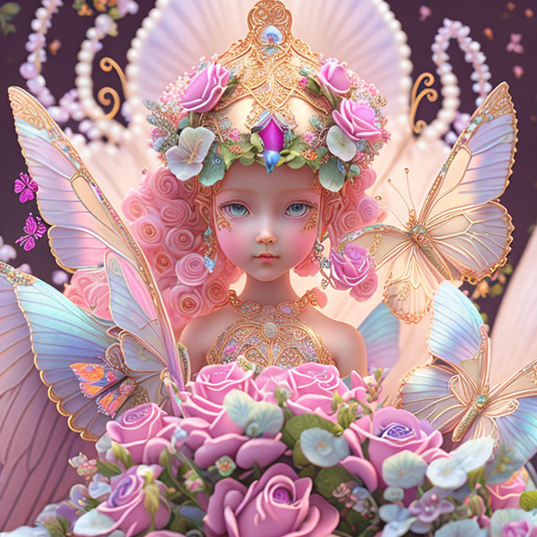 Childlike figure with butterfly wings in floral crown surrounded by pink roses in digital artwork