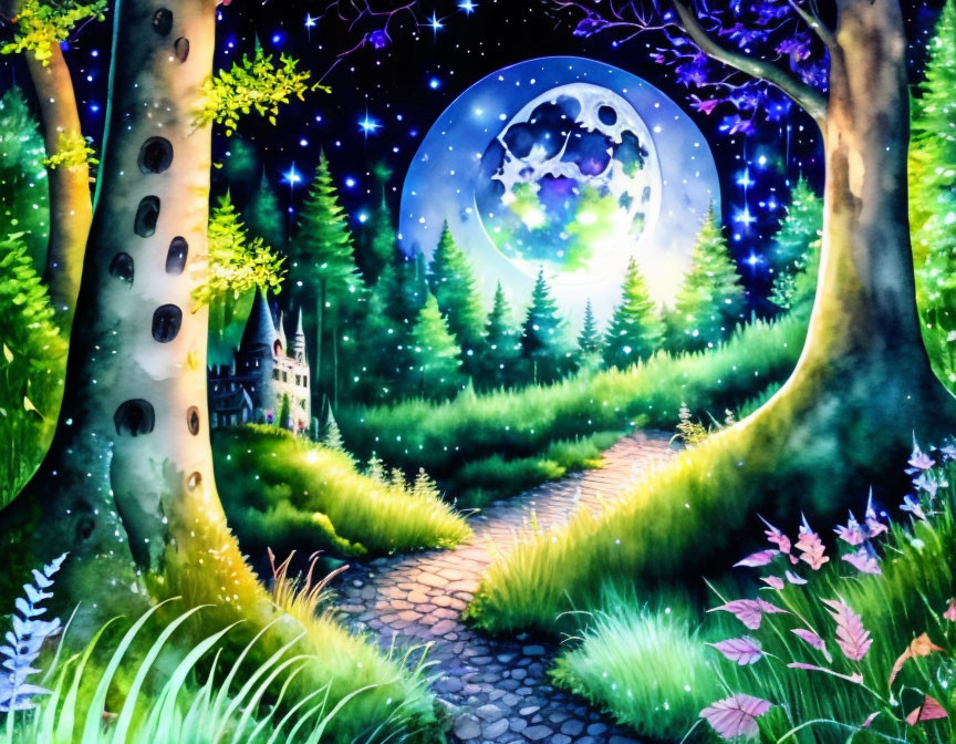 Enchanted forest night scene with castle and cobblestone path