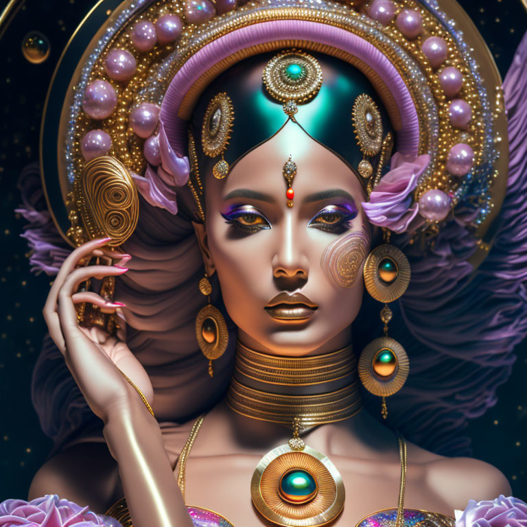 Regal woman with golden headgear and peacock motifs on starry purple background