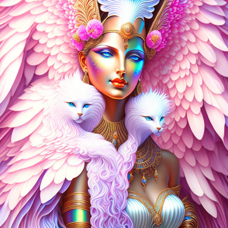 Fantastical image: blue-skinned angelic woman with pink wings