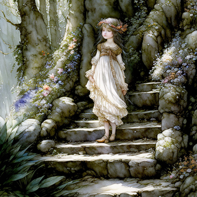 Young girl in vintage dress on stone steps surrounded by lush flora and flower wreath, exuding fair