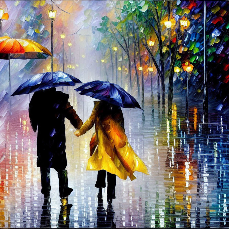 Couple with umbrellas strolling on vibrant city street in rain