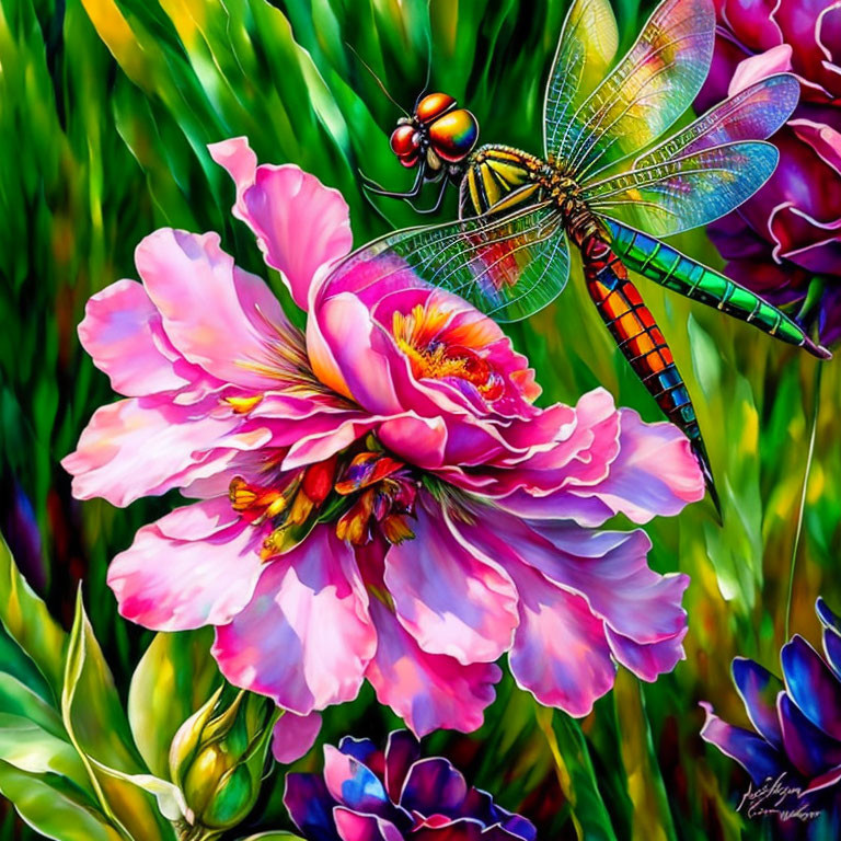 Detailed Dragonfly Perched on Pink Flower with Lush Green Background