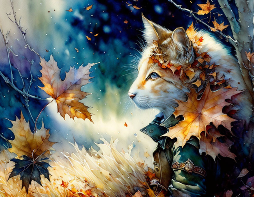 Cat with Autumn Leaves Blending into Vibrant Fall Environment