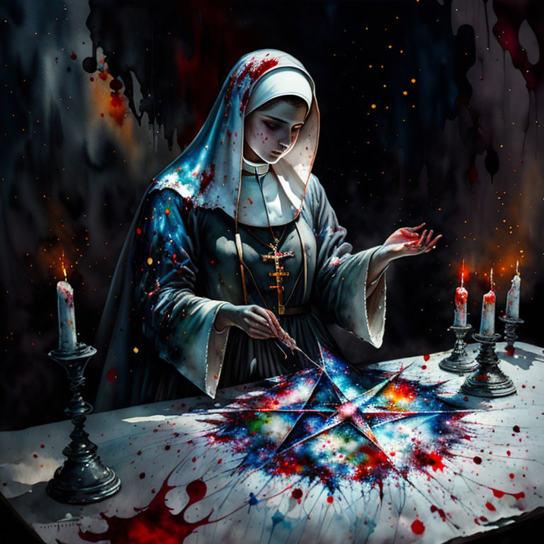 Nun performing mystical ritual with cosmic energy and candles