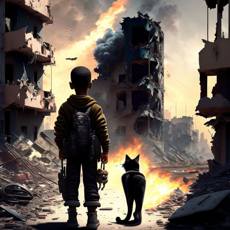 Child with backpack and cat in front of devastated cityscape with burning buildings and rubble under cloudy sky