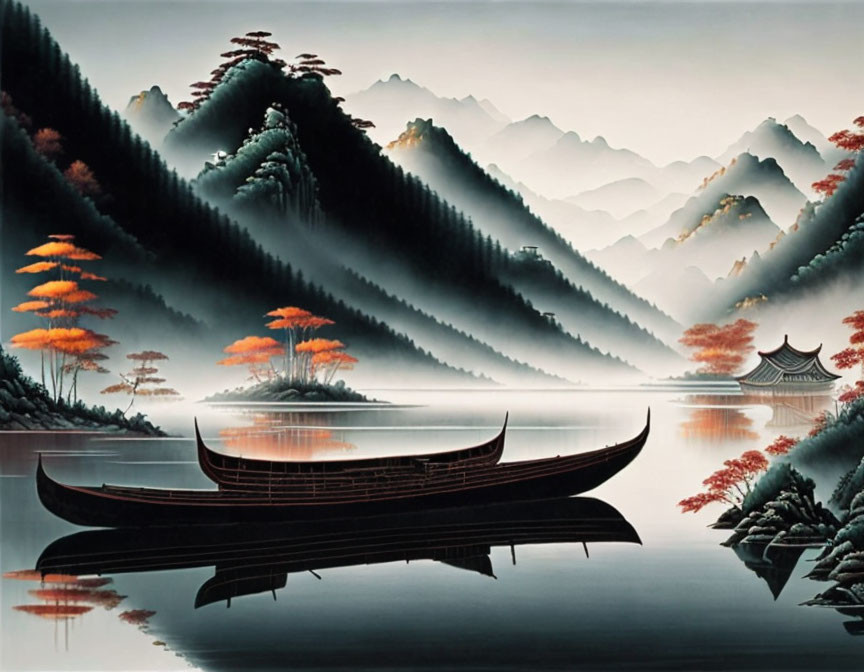 Traditional Asian Landscape Painting: Misty Mountains, Lake, Boat, Red Trees, Pagoda