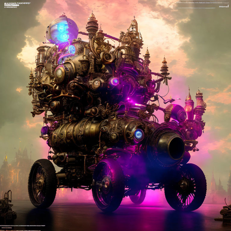 Intricate steampunk-style vehicle with glowing purple lights in front of a dusk-lit city