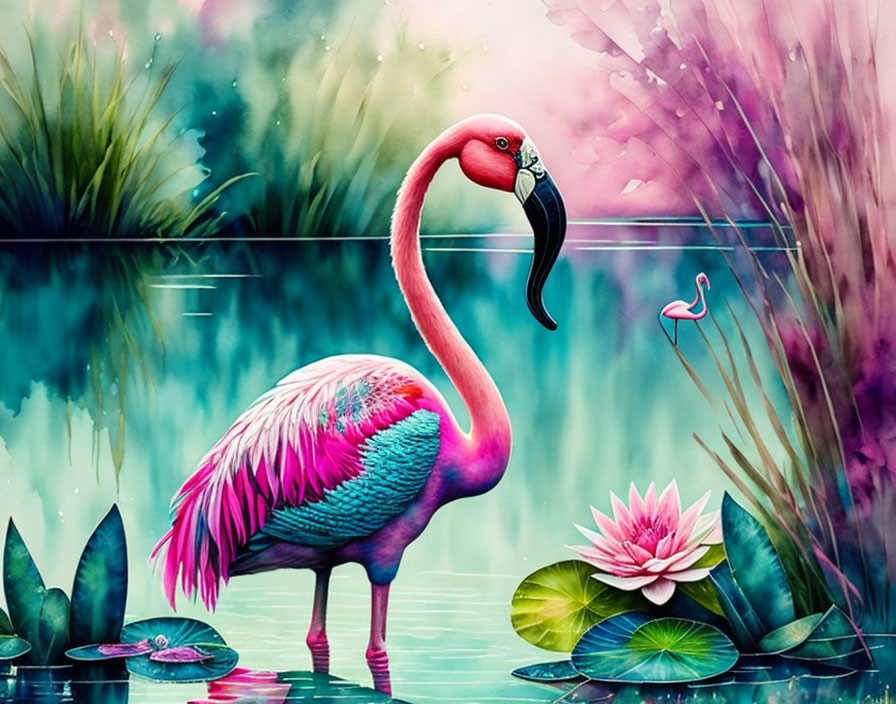 Colorful pink flamingo and water lily illustration in whimsical marsh