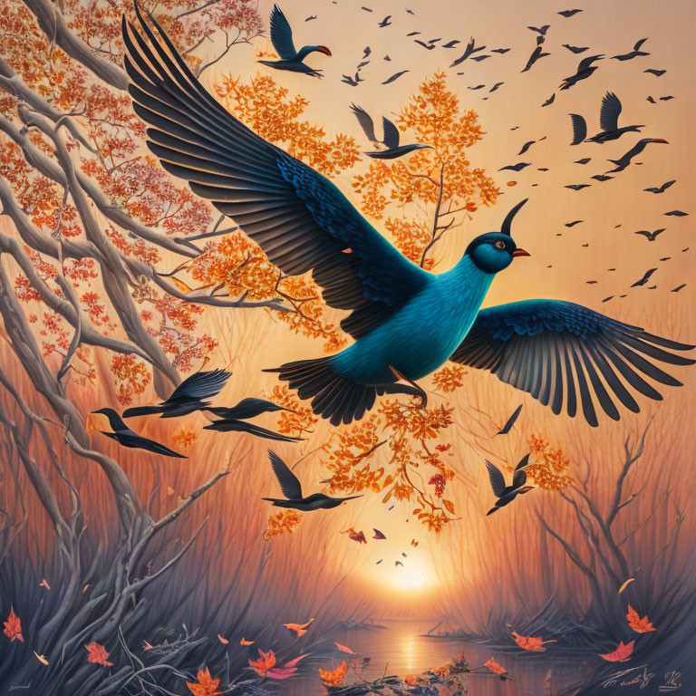 Blue bird flying in sunset-lit flock over autumn trees and serene waters