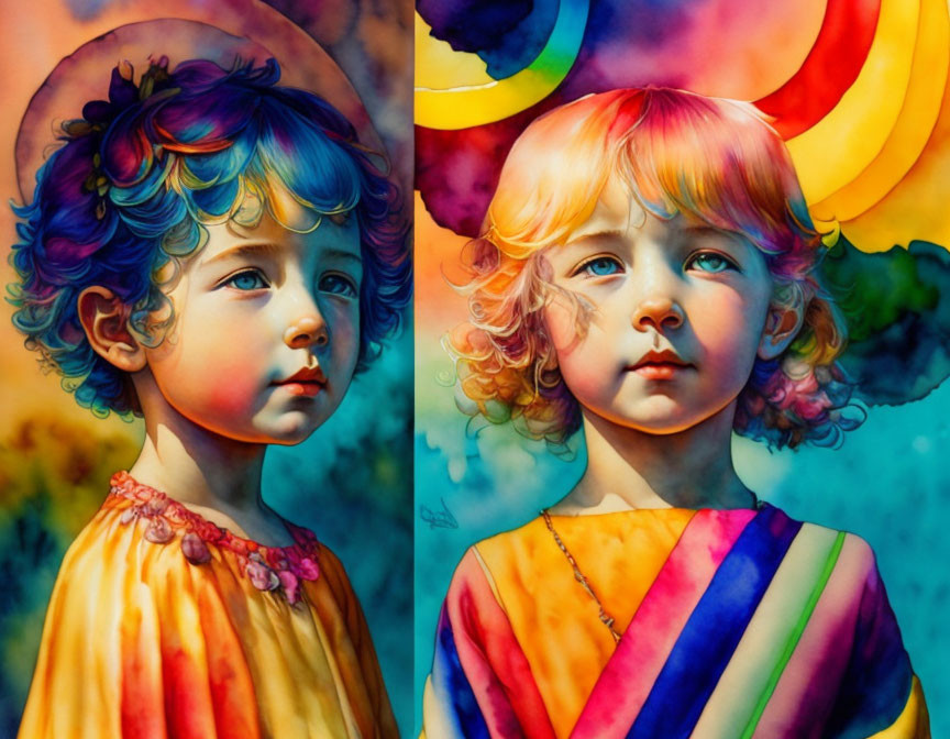 Vibrant Child Portraits with Rainbow Hair and Abstract Background