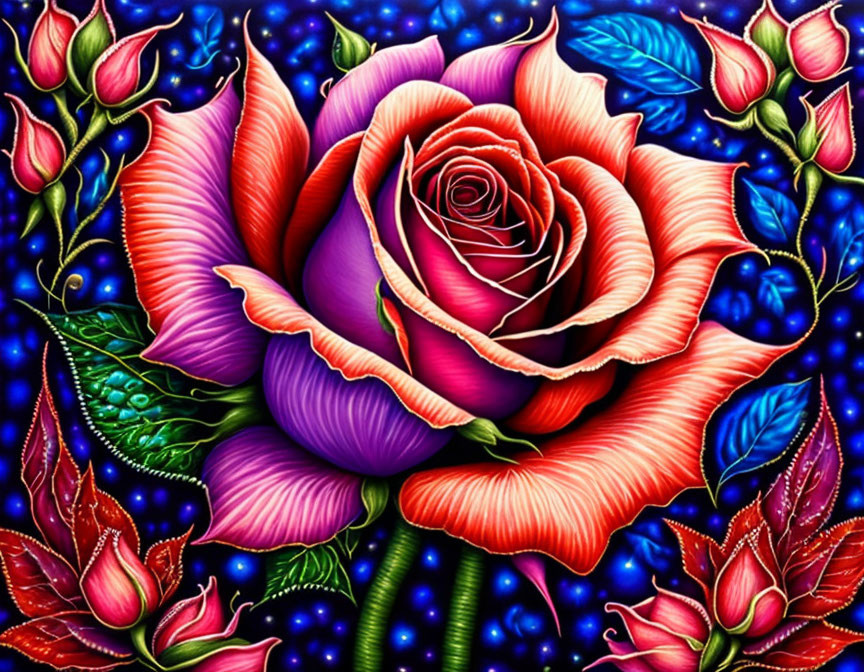 Colorful Digital Artwork: Multicolored Rose on Blue Background