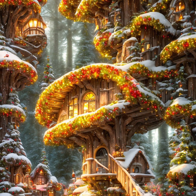 Enchanted snow-covered treehouse in wintry forest with festive lights