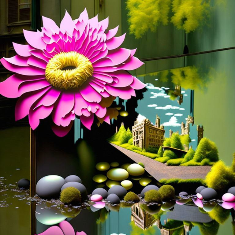 Digital artwork: Pink flower in surreal landscape with water and greenery