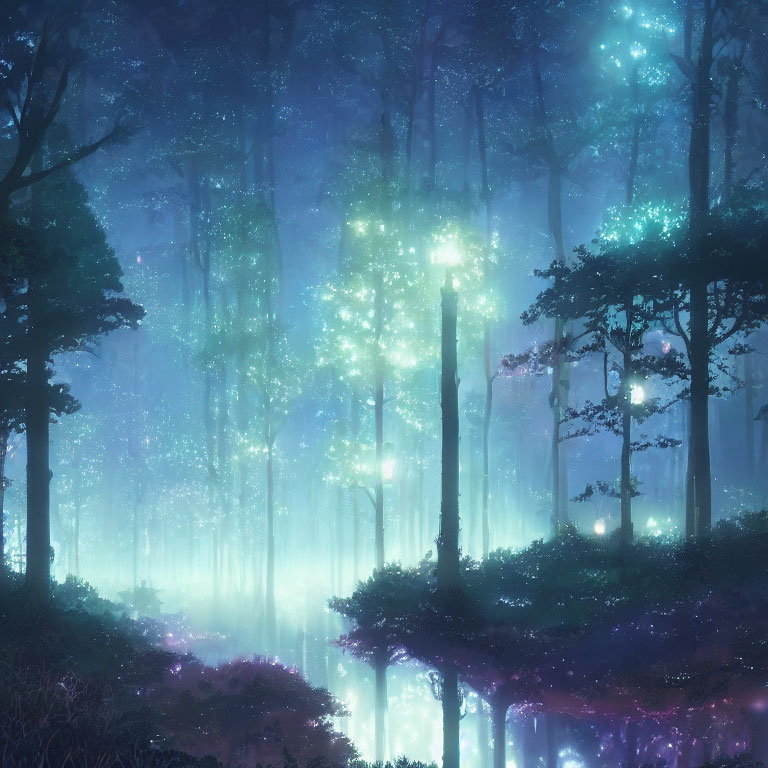 Enchanting forest with ethereal blue light and bioluminescent flora