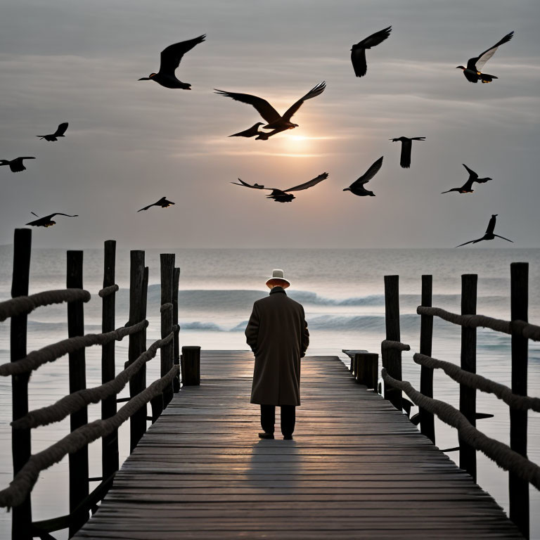 Person in Coat on Wooden Pier Watching Sunset with Birds Flying overhead