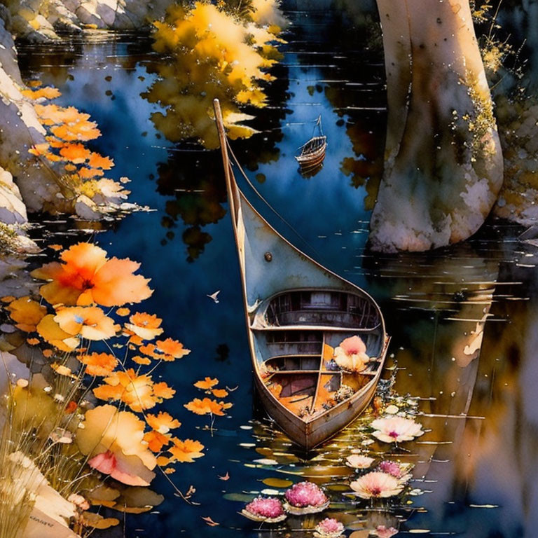 Tranquil autumn scene with narrow boat on calm water