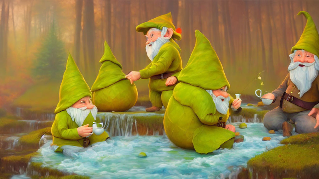 Four Friendly Gnomes in Forest: Two Sitting, One Standing, One Pouring Tea