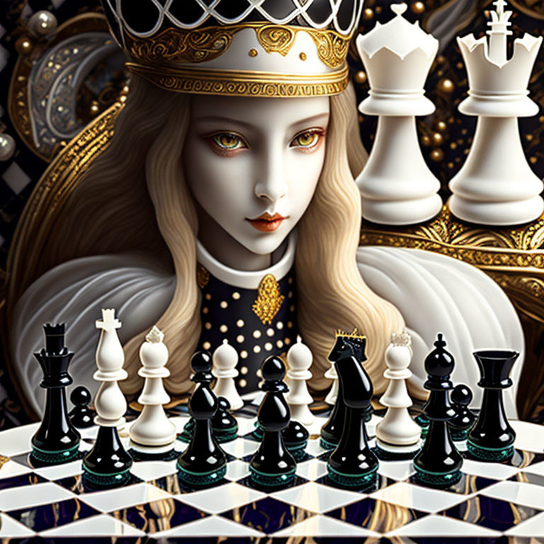 Digital artwork of woman with piercing eyes as queen chess piece among black and white figures