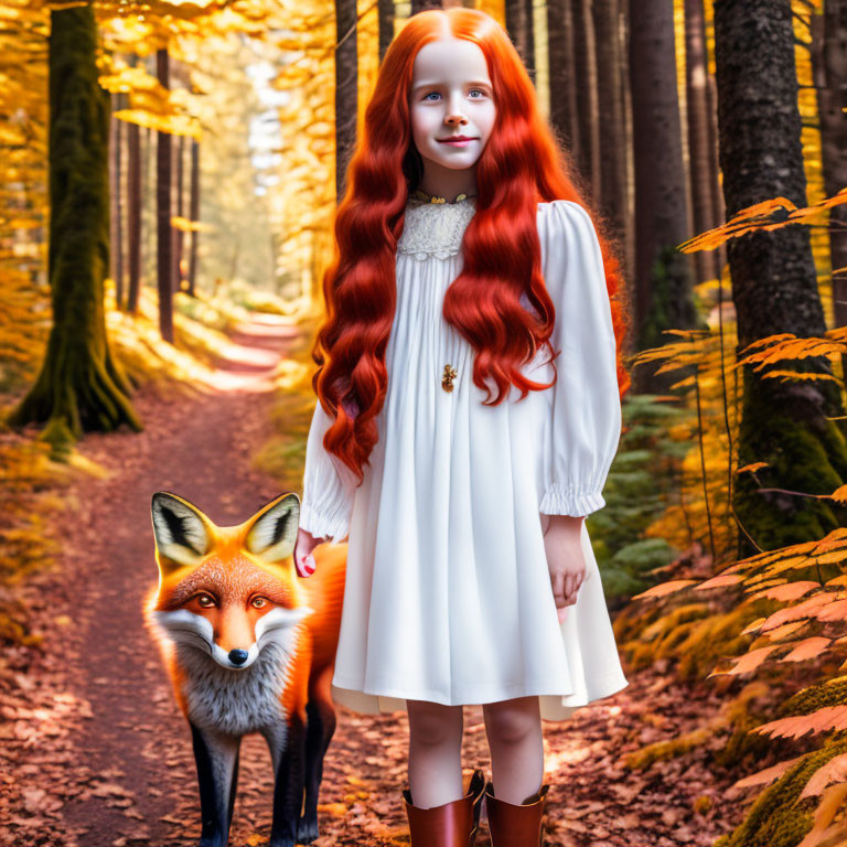 Young girl with red hair and fox on forest path with autumn trees