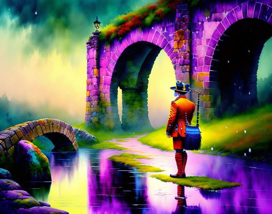 Colorful painting of figure in red coat by reflective waterway & stone bridge under misty sky