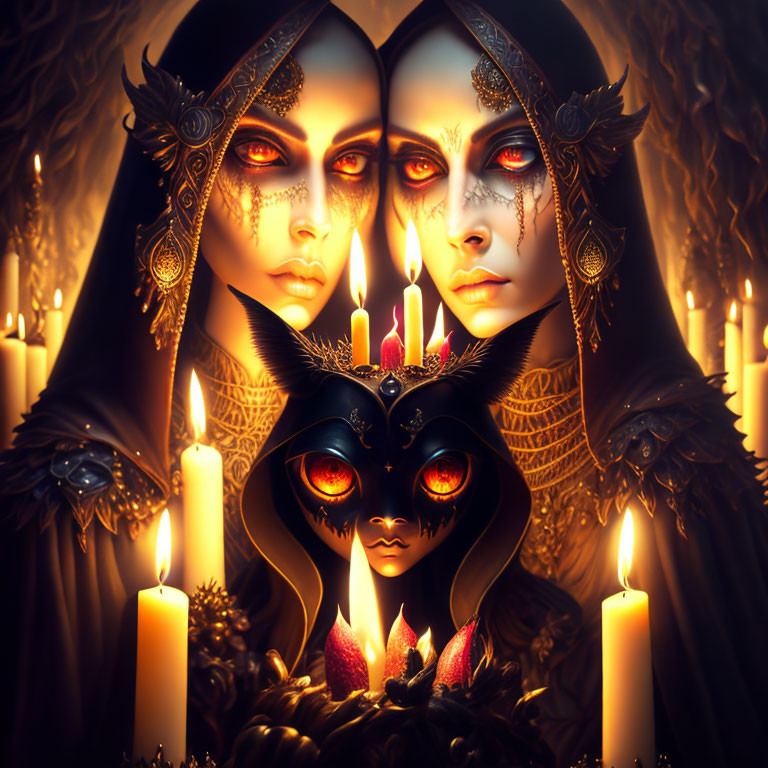 Mystical women with ornate headdresses and dark creature in candlelit setting